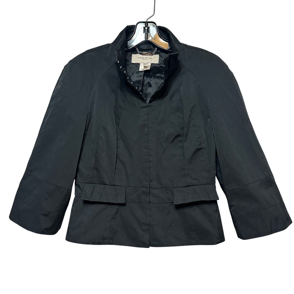Karen Millen Taffeta Crop Jacket Women 8 Black Peplum Party Evening Cocktail